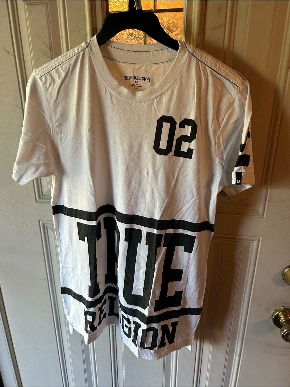 True Religion White and Black Graphic '02' Short Sleeve Tee